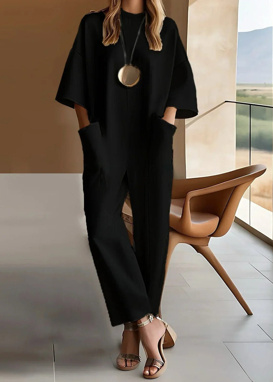 Dame Hvid Kortærmet Wide-Leg Jumpsuit Crew Neck - Black