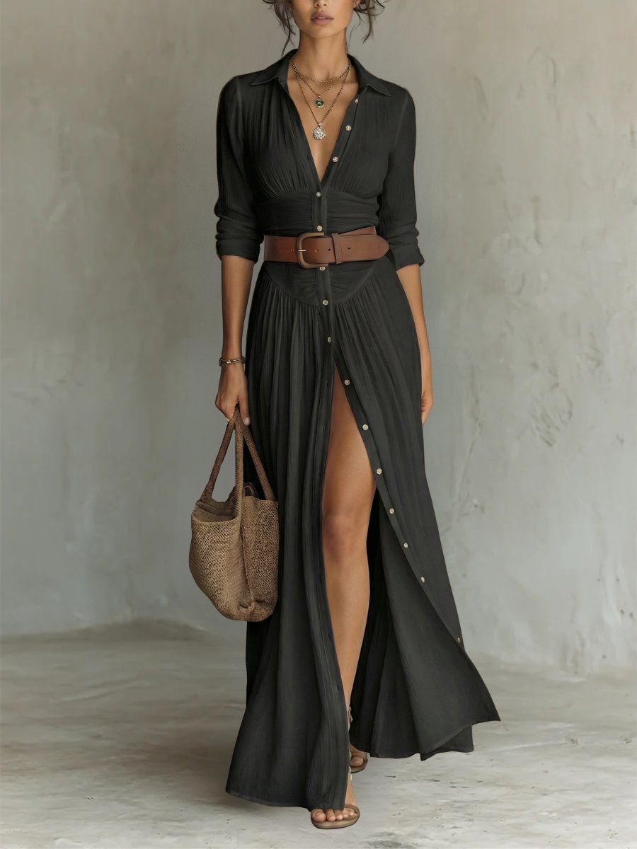 Dame Hvid Skjortekjole Lang Maxi Boho-Stil - Black