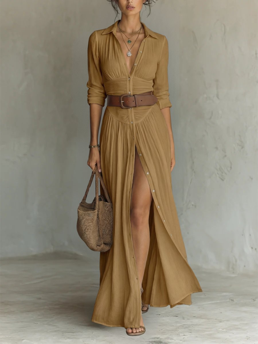 Dame Hvid Skjortekjole Lang Maxi Boho-Stil - Brown