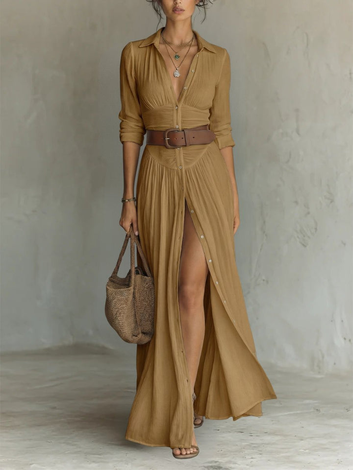 Dame Hvid Skjortekjole Lang Maxi Boho-Stil - Brown