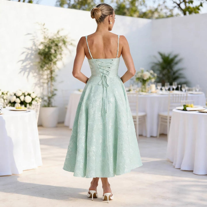 Dame Jacquard Cocktail Dress med Korsetkrop og Svungent Skørt
