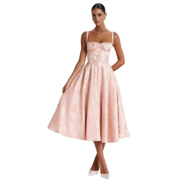 Dame Jacquard Cocktail Dress med Korsetkrop og Svungent Skørt