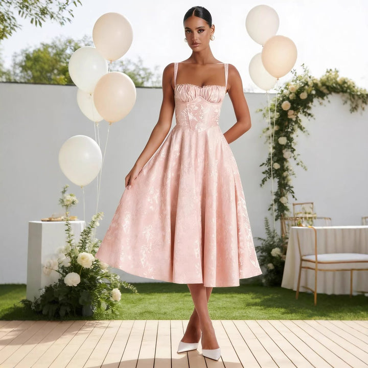 Dame Jacquard Cocktail Dress med Korsetkrop og Svungent Skørt - Rosa