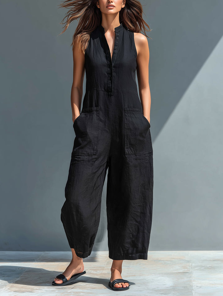 Dame Jumpsuit Hørblanding Ærmeløs Afslappet Pasform - Black