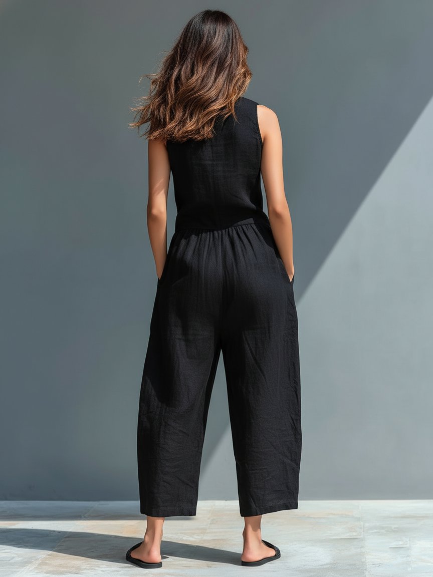 Dame Jumpsuit Hørblanding Ærmeløs Afslappet Pasform