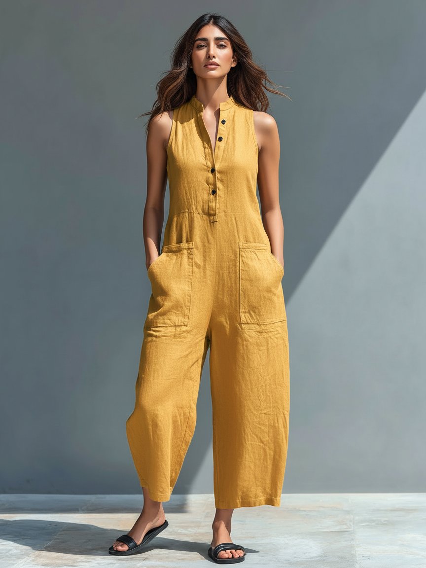 Dame Jumpsuit Hørblanding Ærmeløs Afslappet Pasform - Yellow