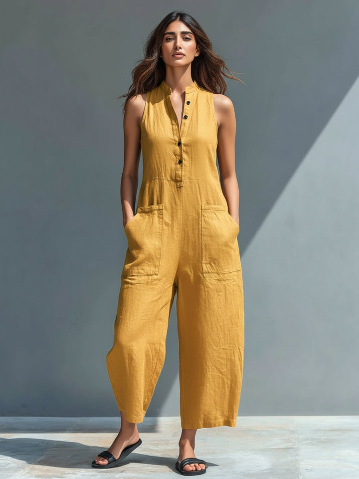 Dame Jumpsuit Hørblanding Ærmeløs Afslappet Pasform - Yellow