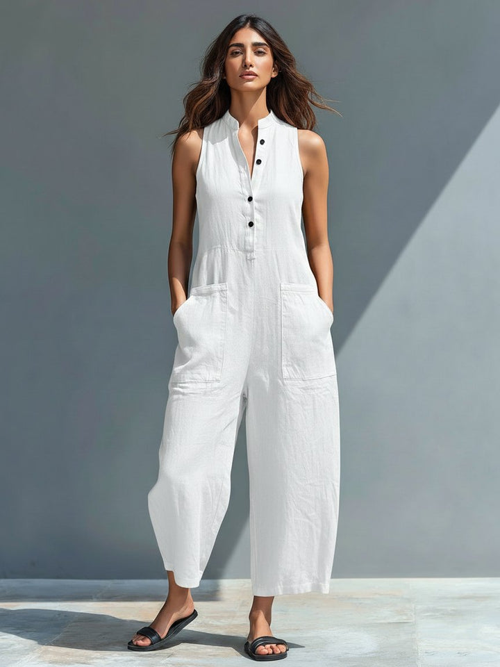Dame Jumpsuit Hørblanding Ærmeløs Afslappet Pasform - White