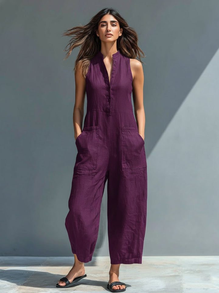 Dame Jumpsuit Hørblanding Ærmeløs Afslappet Pasform - Purple
