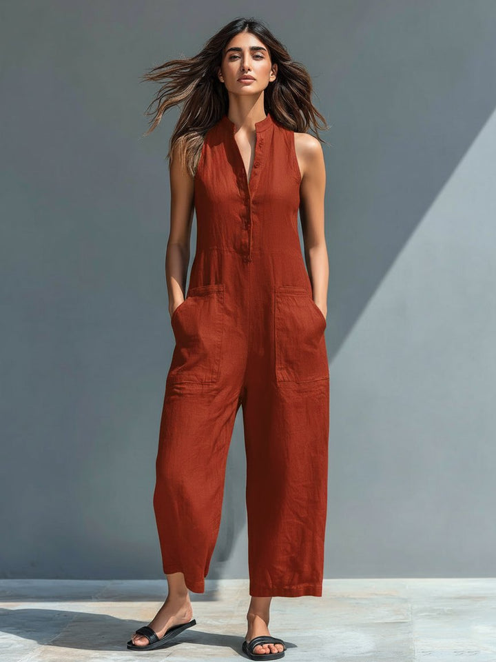 Dame Jumpsuit Hørblanding Ærmeløs Afslappet Pasform - Rust Red