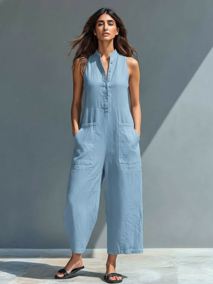 Dame Jumpsuit Hørblanding Ærmeløs Afslappet Pasform - Blue