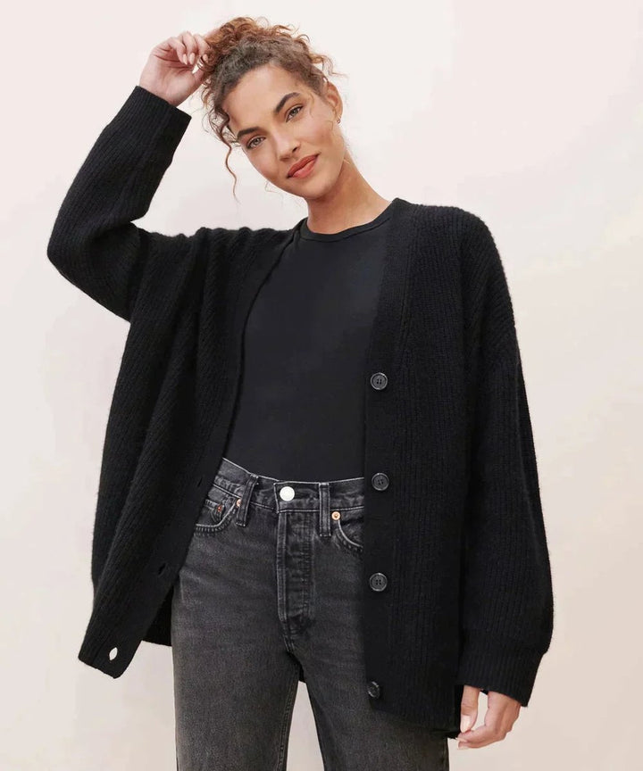 Dame Kashmir V-hals Strikket Cardigan Klassisk Pasform - Sort