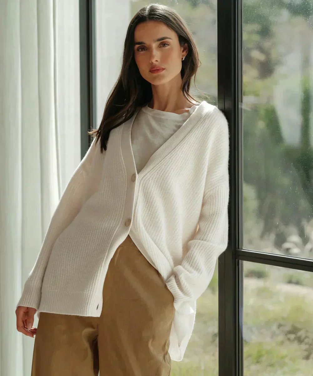 Dame Kashmir V-hals Strikket Cardigan Klassisk Pasform - Hvid