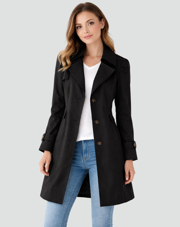Dame Klassisk Midlang Trench Coat Skræddersyet Revers - Sort