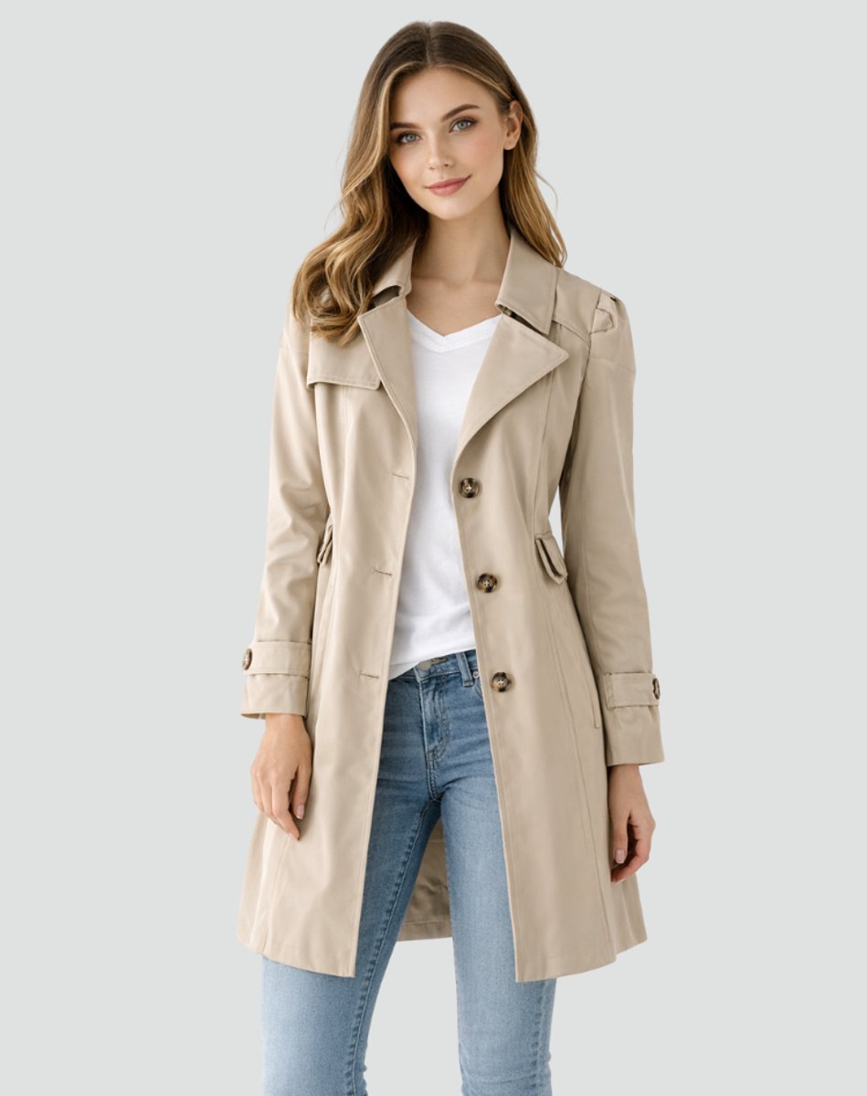Dame Klassisk Midlang Trench Coat Skræddersyet Revers - Khaki