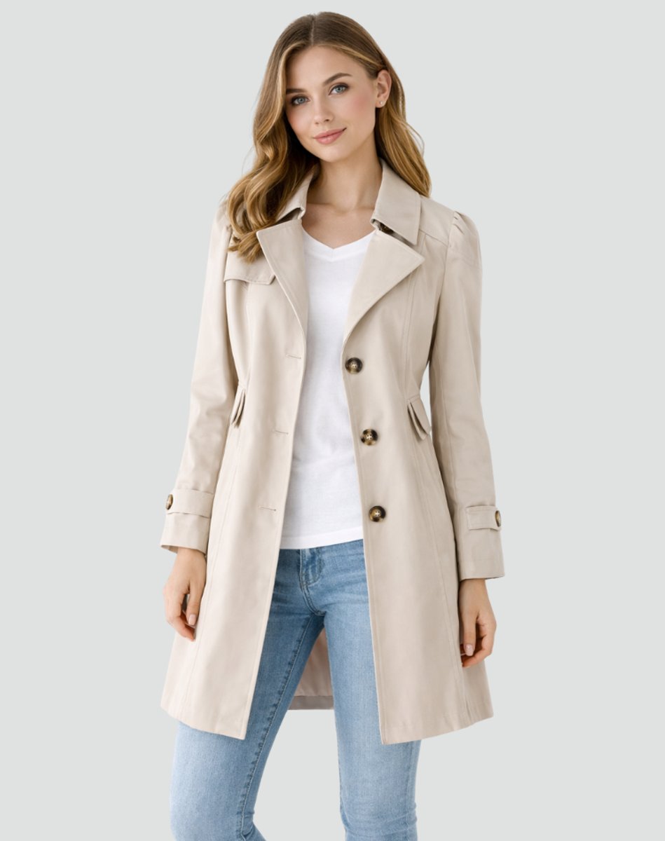 Dame Klassisk Midlang Trench Coat Skræddersyet Revers - Beige