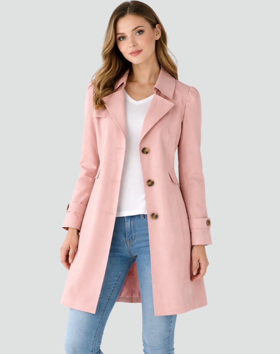 Dame Klassisk Midlang Trench Coat Skræddersyet Revers - Lyserød