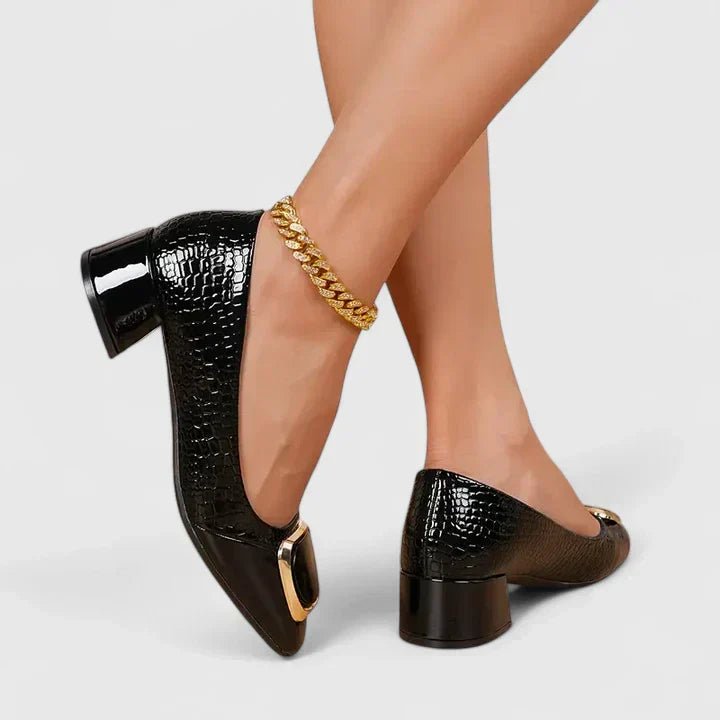 Dame Komfortable Krokodille-Tekstur Loafers Med Guldkæde - Black