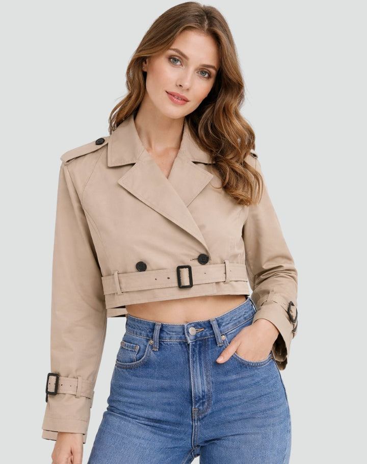 Dame Kort Cropped Trench Coat Dobbeltknappet Bæltet Jakke - Khaki