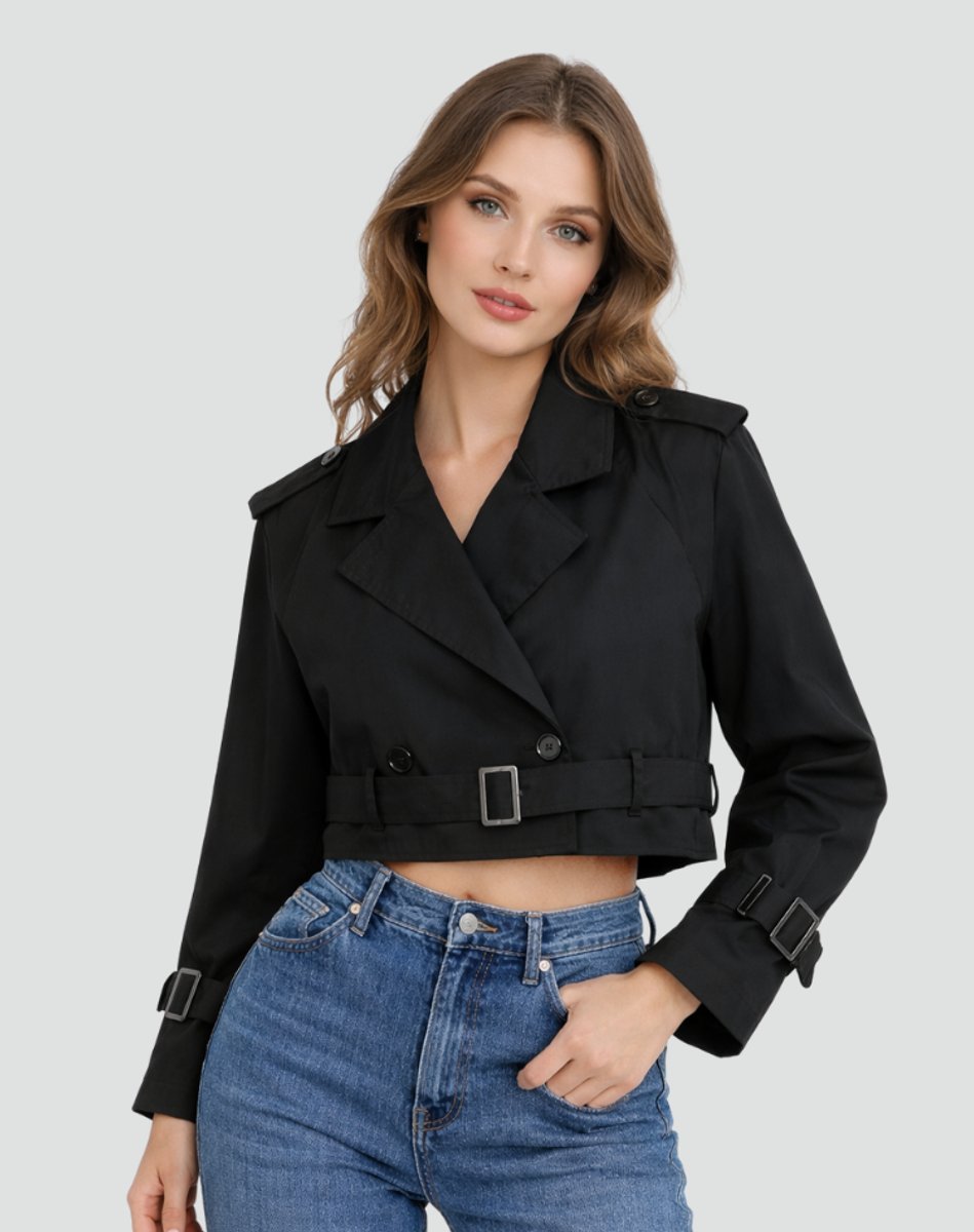 Dame Kort Cropped Trench Coat Dobbeltknappet Bæltet Jakke