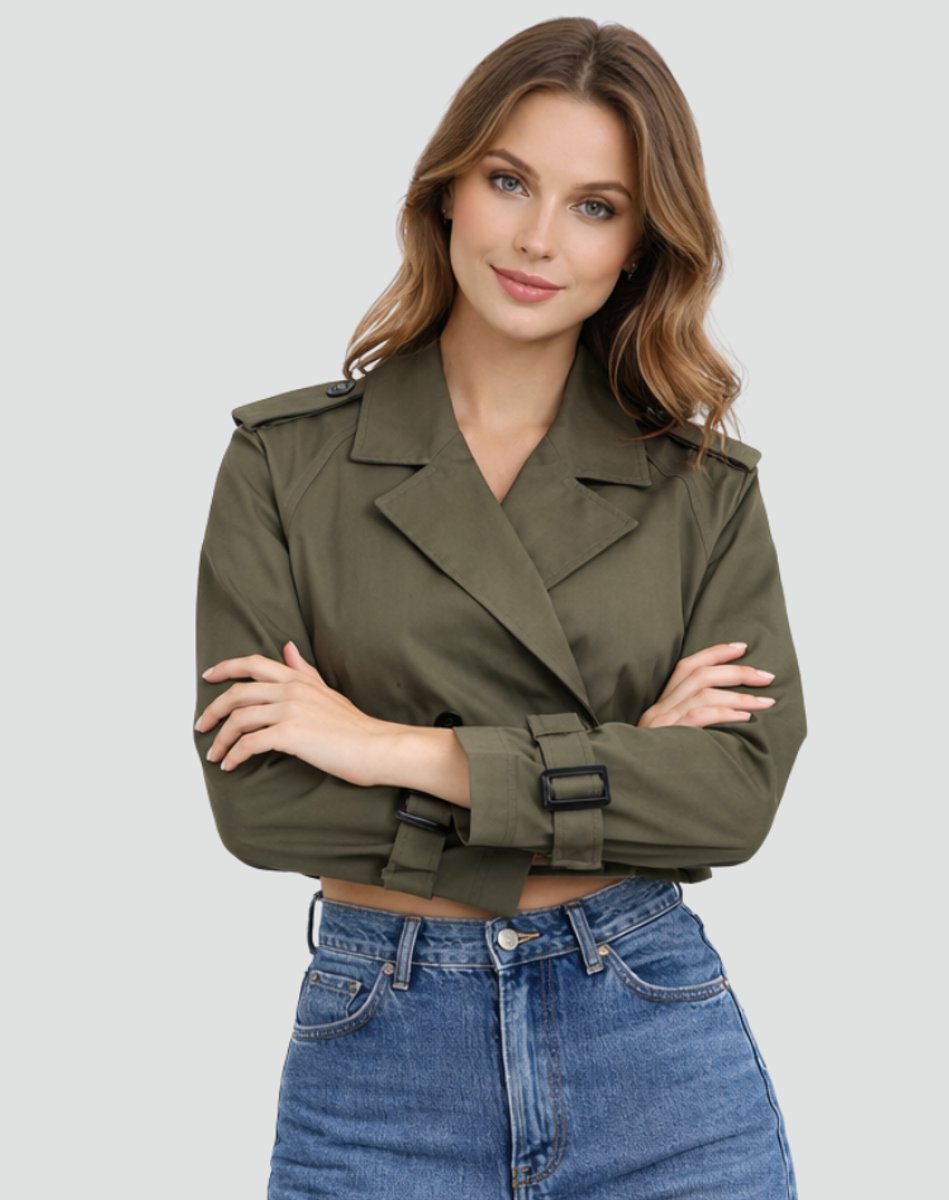 Dame Kort Cropped Trench Coat Dobbeltknappet Bæltet Jakke - Armygrøn