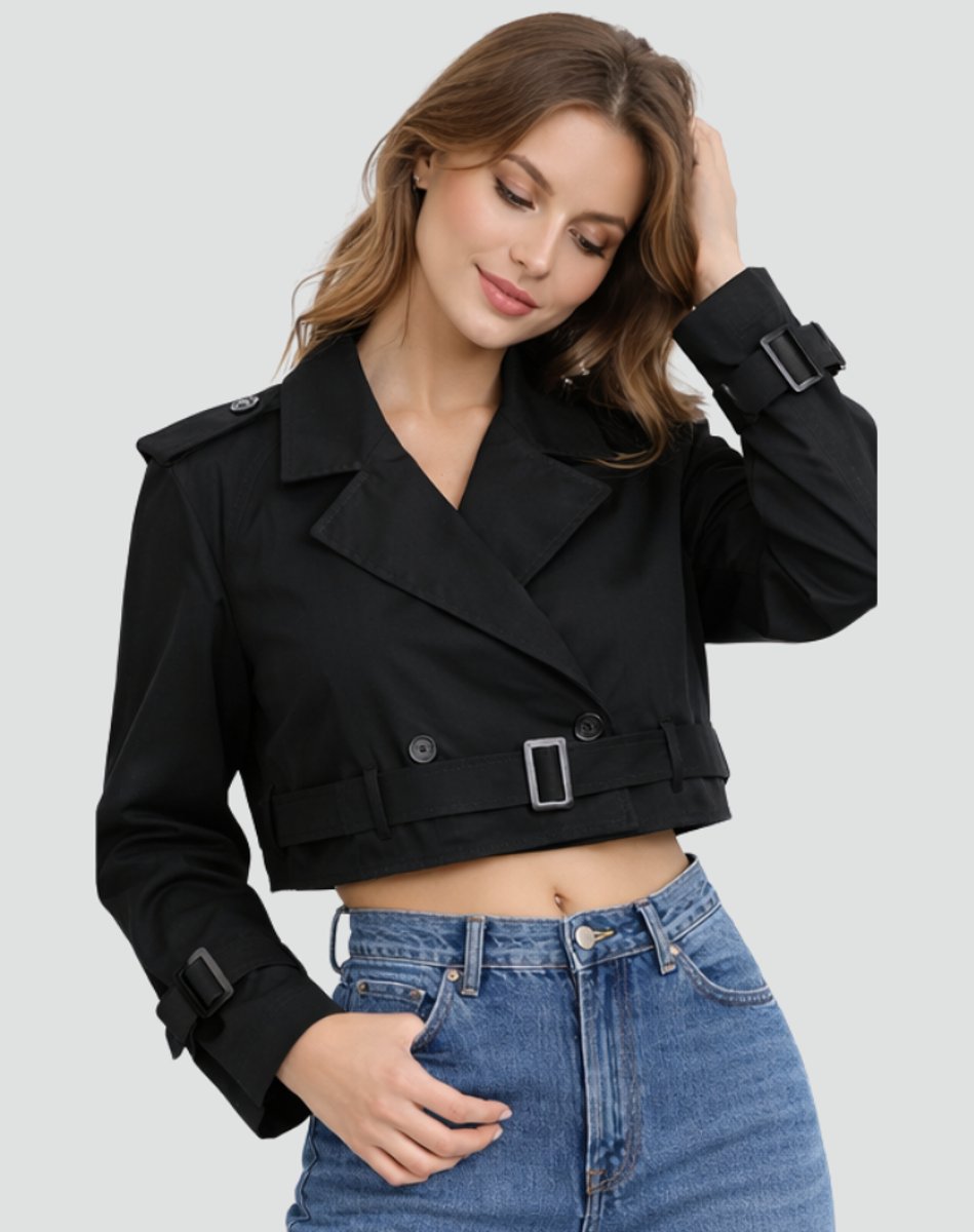 Dame Kort Cropped Trench Coat Dobbeltknappet Bæltet Jakke - Sort
