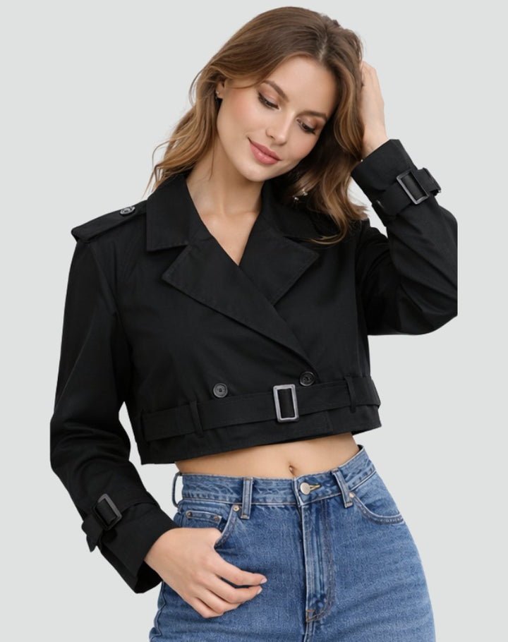 Dame Kort Cropped Trench Coat Dobbeltknappet Bæltet Jakke - Sort