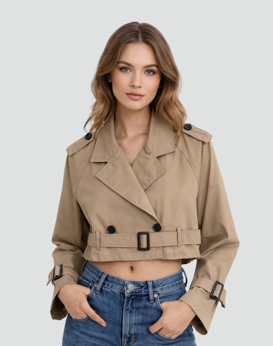 Dame Kort Cropped Trench Coat Dobbeltknappet Bæltet Jakke - Brun
