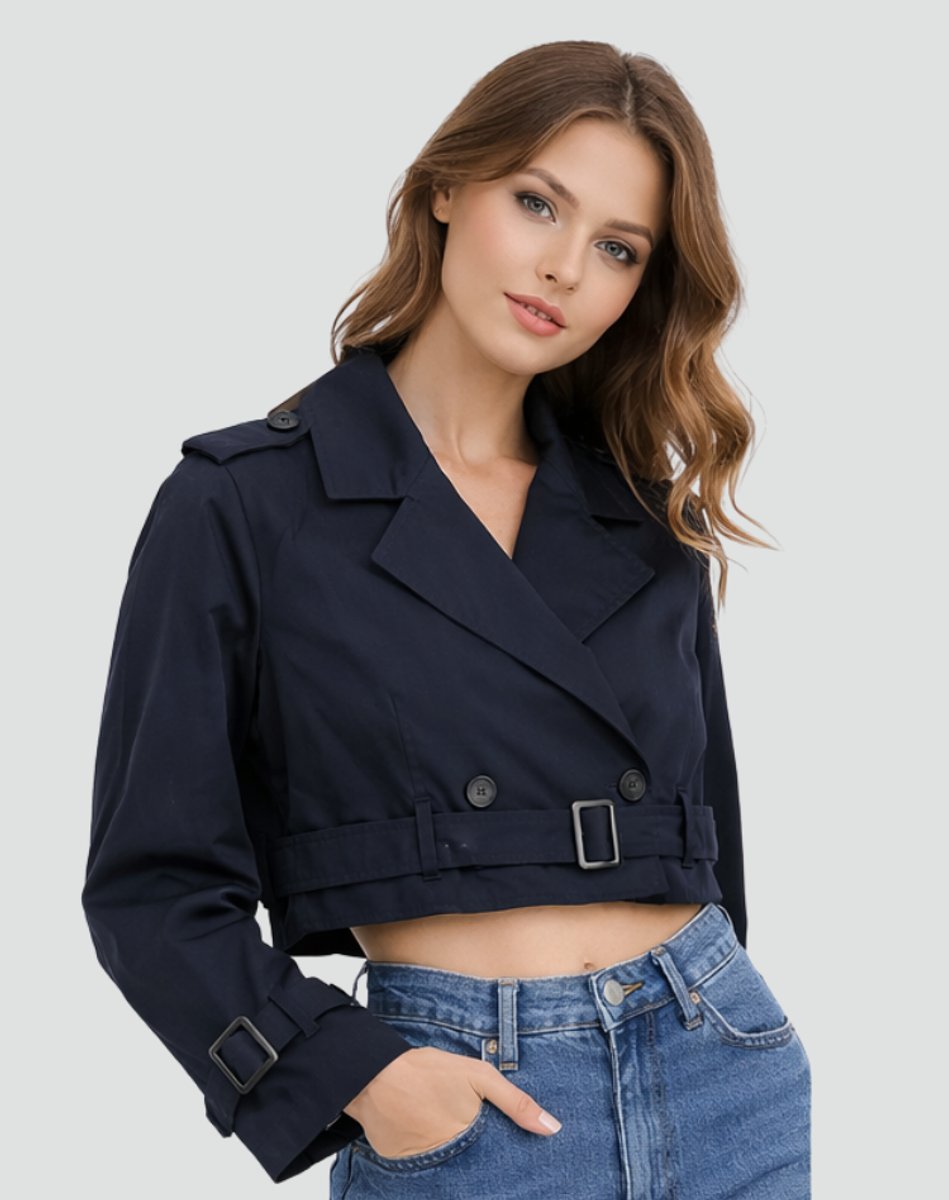 Dame Kort Cropped Trench Coat Dobbeltknappet Bæltet Jakke - Marineblå