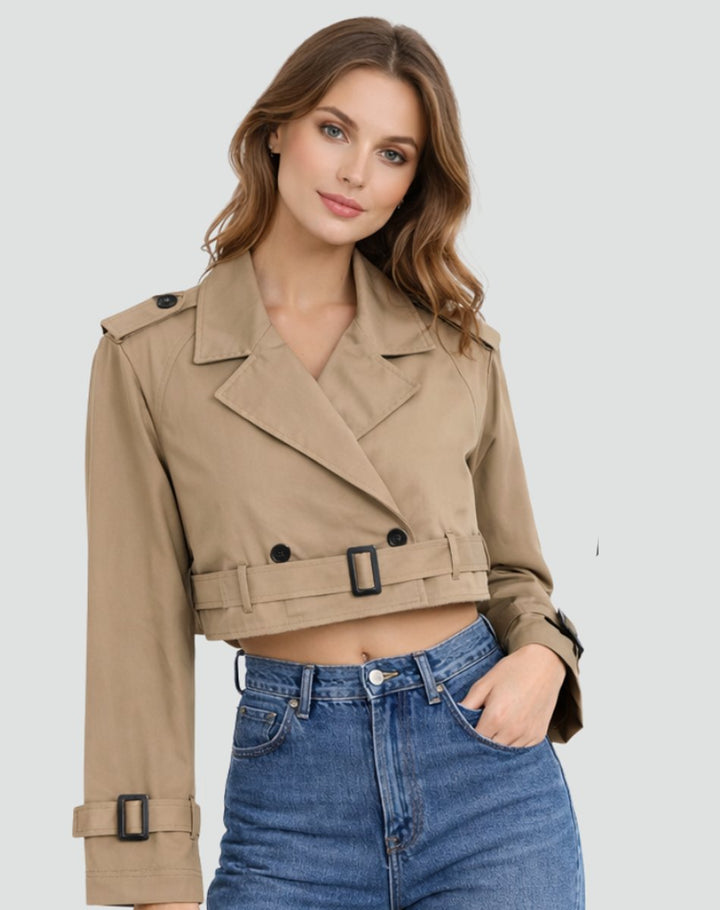 Dame Kort Cropped Trench Coat Dobbeltknappet Bæltet Jakke