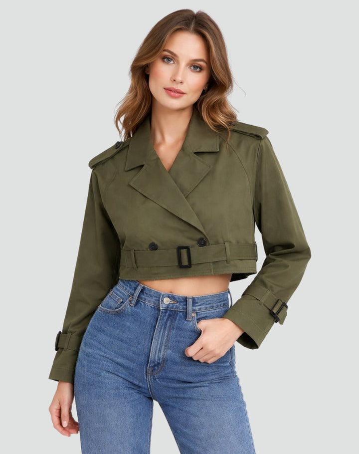 Dame Kort Cropped Trench Coat Dobbeltknappet Bæltet Jakke