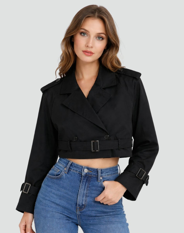 Dame Kort Cropped Trench Coat Dobbeltknappet Bæltet Jakke