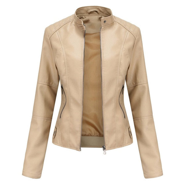 Dame kort zippet kunstlæder leather jacket med stående krave - Beige