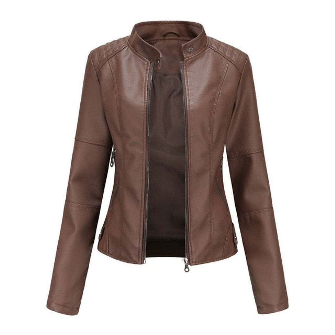 Dame kort zippet kunstlæder leather jacket med stående krave - Brun