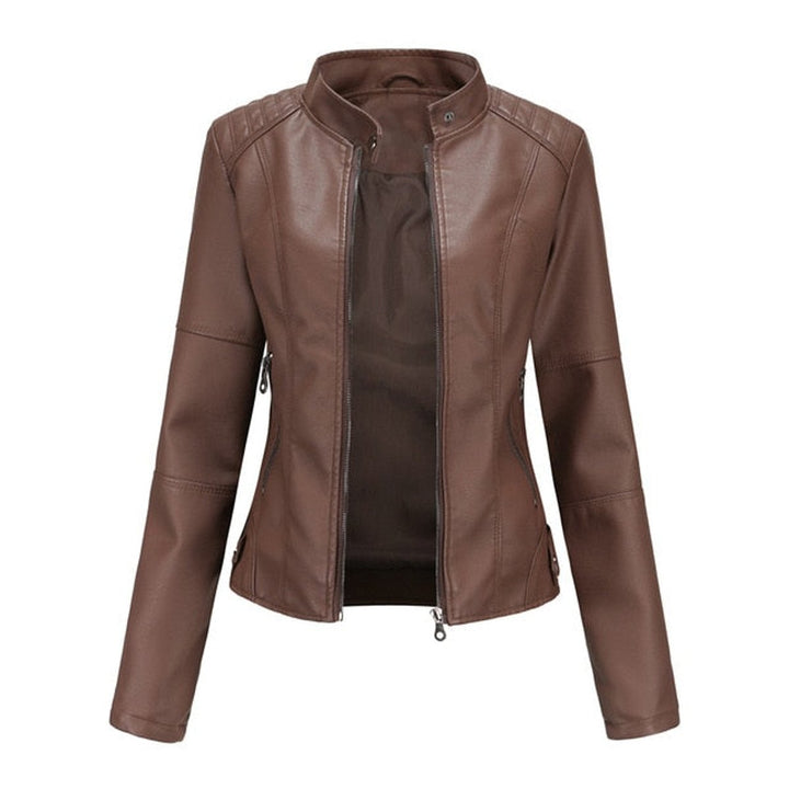Dame kort zippet kunstlæder leather jacket med stående krave - Brun