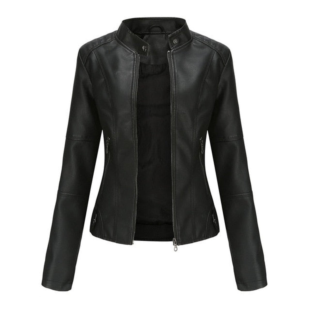Dame kort zippet kunstlæder leather jacket med stående krave - Sort