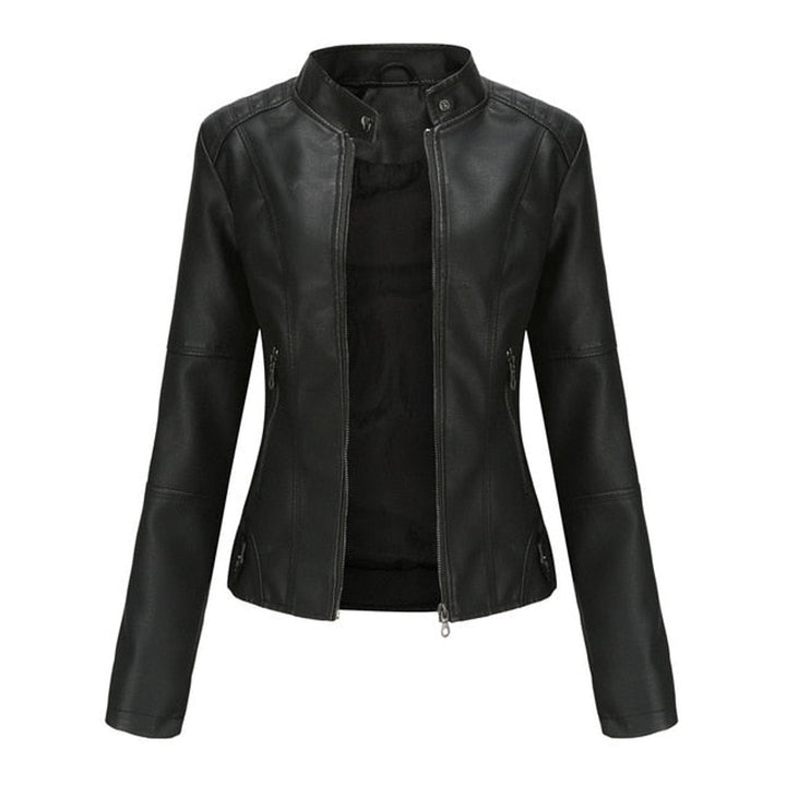 Dame kort zippet kunstlæder leather jacket med stående krave - Sort