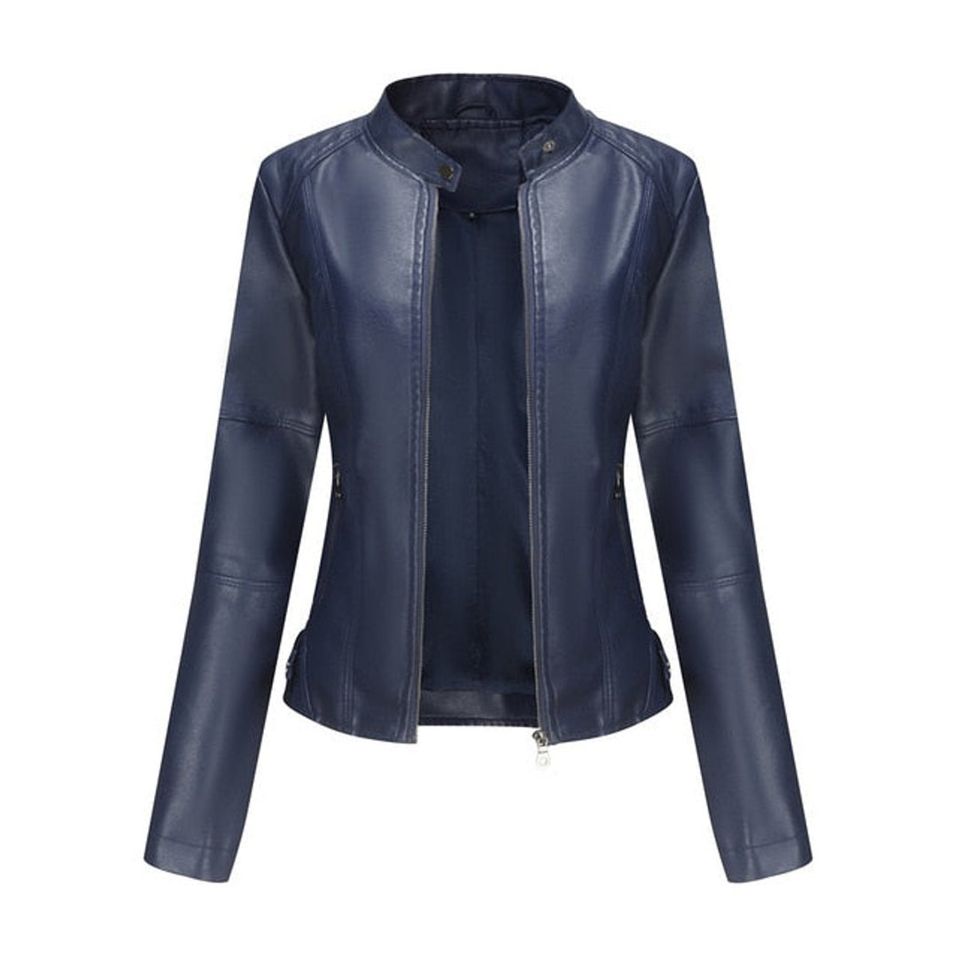 Dame kort zippet kunstlæder leather jacket med stående krave - Blå