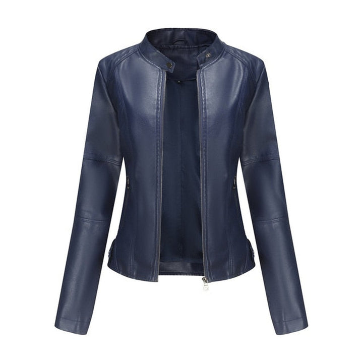 Dame kort zippet kunstlæder leather jacket med stående krave - Blå