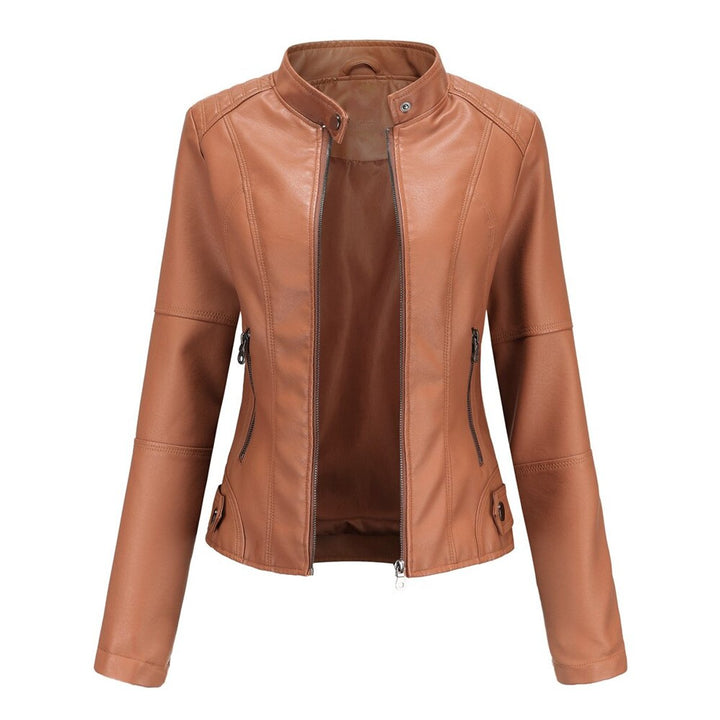 Dame kort zippet kunstlæder leather jacket med stående krave - Rødbrun