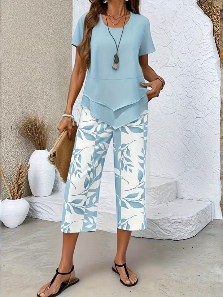 Dame Kortærmet Bladprint To-delt Sæt - Light Blue
