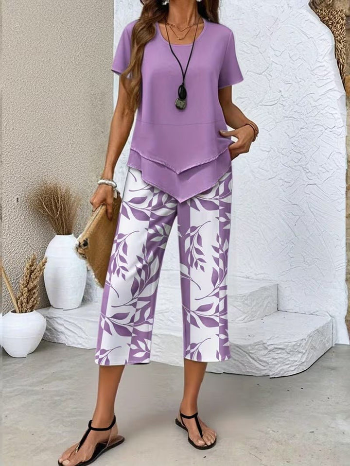 Dame Kortærmet Bladprint To-delt Sæt - Purple