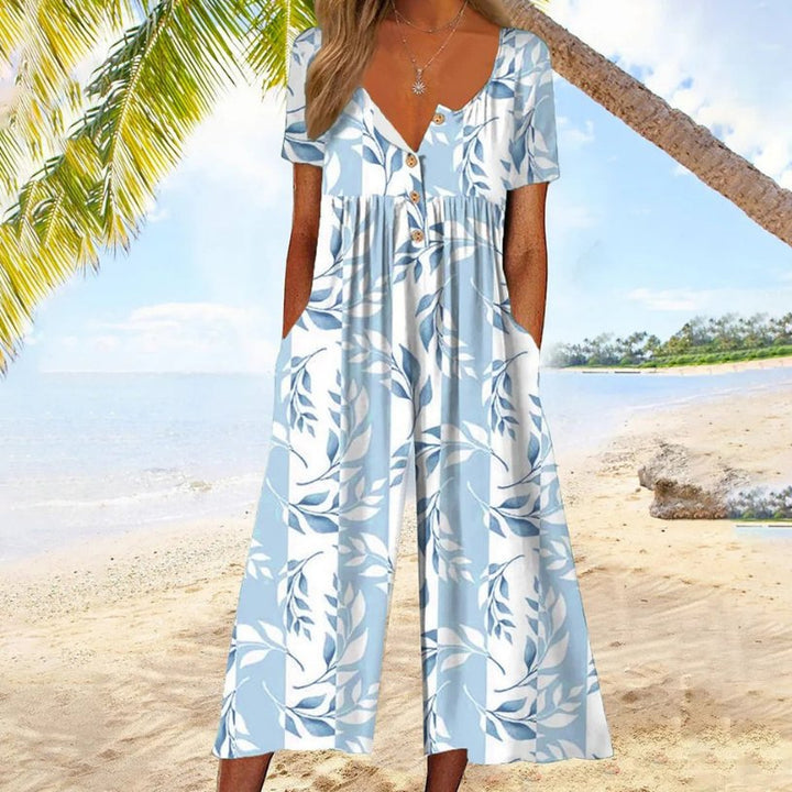Dame Kortærmet Bomulds Culotte Jumpsuit med Knaplukning - Light Blue
