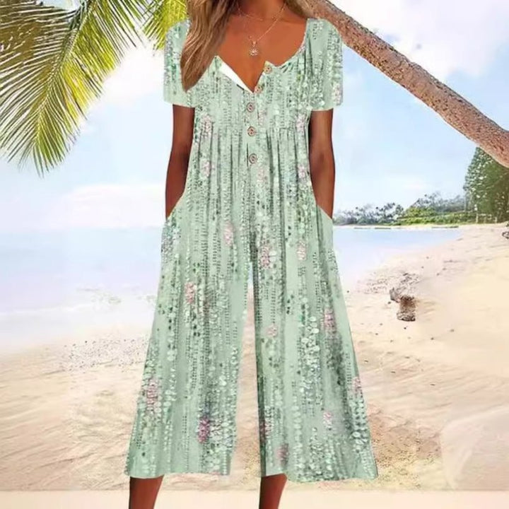 Dame Kortærmet Bomulds Culotte Jumpsuit med Knaplukning - Green