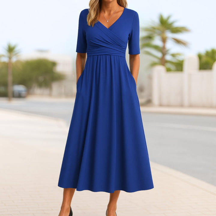 Dame Krydset Midi Kjole Korte Ærmer - Navy Blue