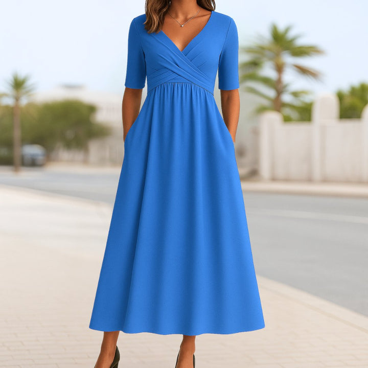 Dame Krydset Midi Kjole Korte Ærmer - Light Blue