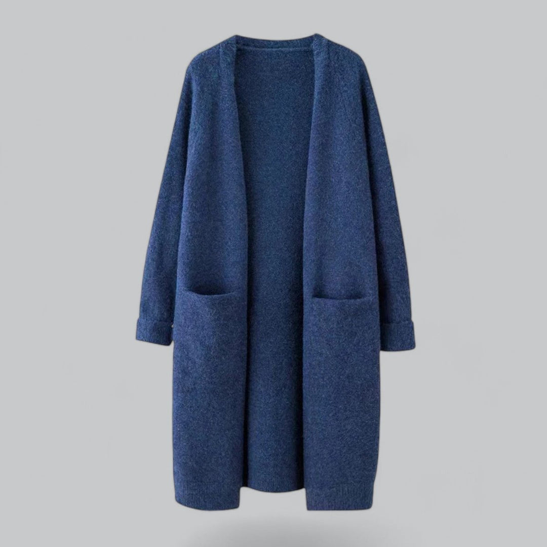 Dame Lang Strikket Cashmere Cardigan Oversize Pasform - Blå
