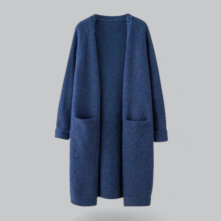 Dame Lang Strikket Cashmere Cardigan Oversize Pasform - Blå
