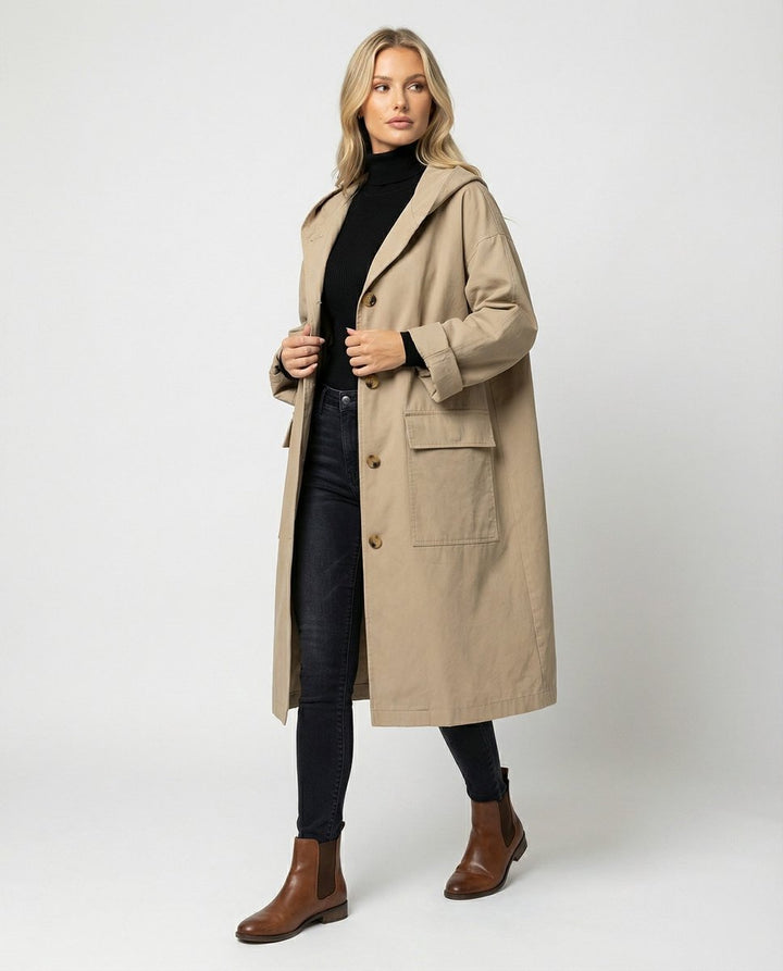 Dame Lang Vandafvisende Hættet Trench Coat Vindtæt - Beige