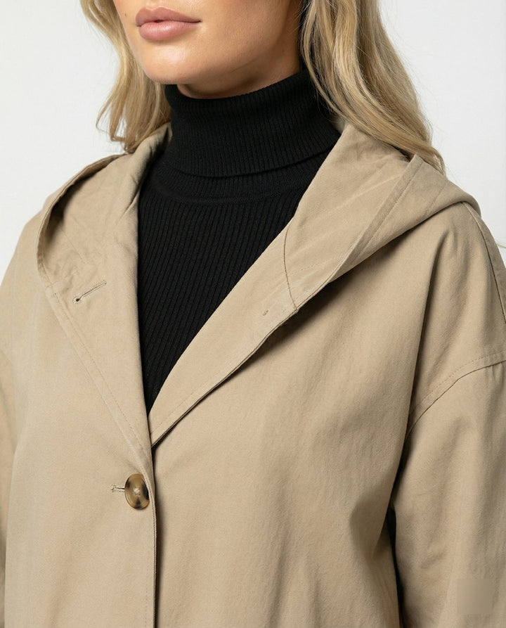 Dame Lang Vandafvisende Hættet Trench Coat Vindtæt